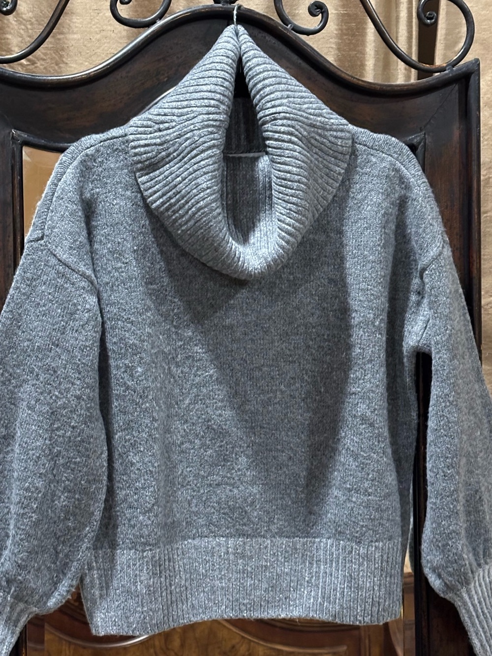 Express Gray Ribbed Cowl-Neck Balloon-Sleeve Sweater - Picture 3 of 5